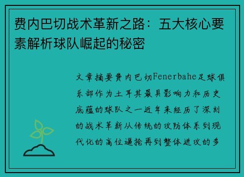 费内巴切战术革新之路：五大核心要素解析球队崛起的秘密