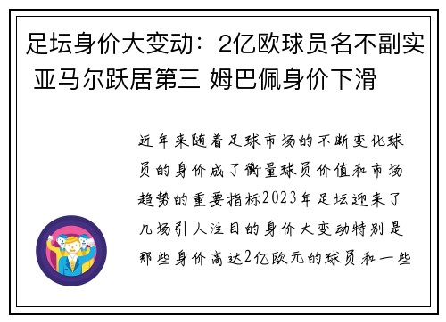 足坛身价大变动：2亿欧球员名不副实 亚马尔跃居第三 姆巴佩身价下滑