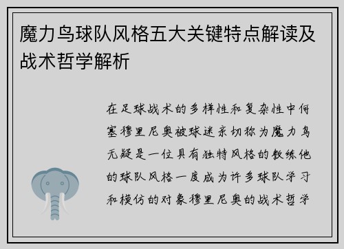 魔力鸟球队风格五大关键特点解读及战术哲学解析